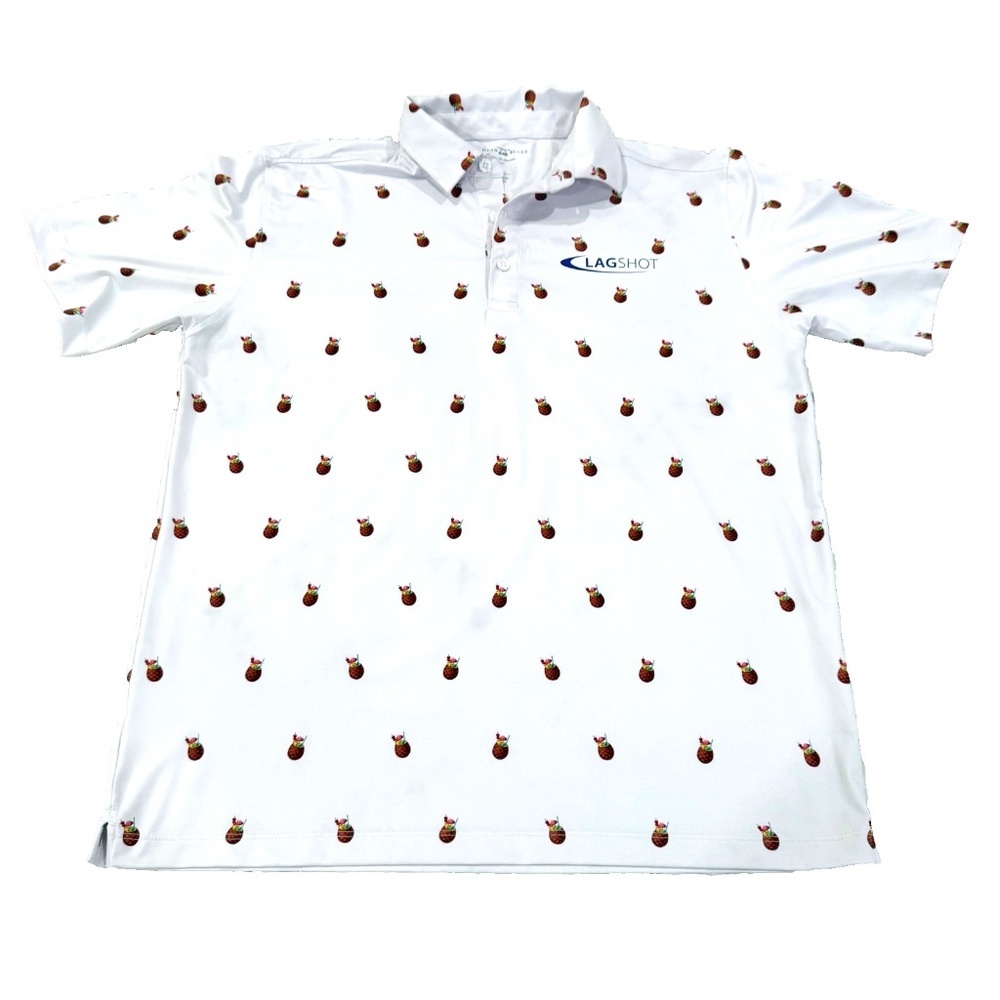Bald Head Blues Men's White Performance‎ Polo Shirt; Pineapple Drink Print; Med